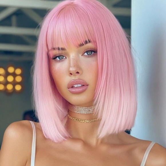 14 Inch Pink Ombre White Bob Wig With Bangs Synthetic Heat Resistant Wigs - Picture 1 of 4